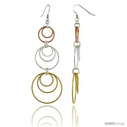 Sterling Silver Tri-Color Diamond Cut Tubing Graduated Dangling Circles Earrings, 3-1/4 in. tall