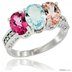 10K White Gold Natural Pink Topaz, Aquamarine & Morganite Ring 3-Stone Oval 7x5 mm Diamond Accent