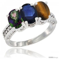 14K White Gold Natural Mystic Topaz, Blue Sapphire & Tiger Eye Ring 3-Stone 7x5 mm Oval Diamond Accent