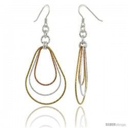 Sterling Silver Tri-Color Diamond Cut Tubing Dangling Teardrops Earrings, 2-1/4 in. tall