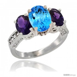 14K White Gold Ladies 3-Stone Oval Natural Swiss Blue Topaz Ring with Amethyst Sides Diamond Accent