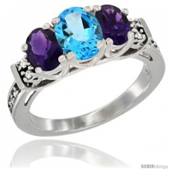 14K White Gold Natural Swiss Blue Topaz & Amethyst Ring 3-Stone Oval with Diamond Accent