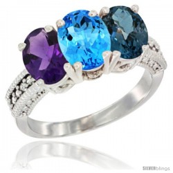 14K White Gold Natural Amethyst, Swiss Blue Topaz & London Blue Topaz Ring 3-Stone 7x5 mm Oval Diamond Accent