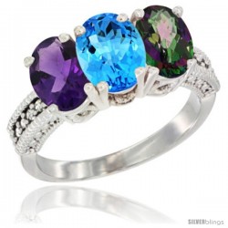 14K White Gold Natural Amethyst, Swiss Blue Topaz & Mystic Topaz Ring 3-Stone 7x5 mm Oval Diamond Accent