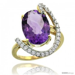 14k Gold Natural Amethyst Ring Oval 14x10 Diamond Accent, 3/4inch wide