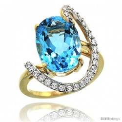 14k Gold Natural Swiss Blue Topaz Ring Oval 14x10 Diamond Accent, 3/4inch wide