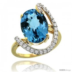 14k Gold Natural London Blue Topaz Ring Oval 14x10 Diamond Accent, 3/4inch wide