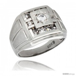 Sterling Silver Men's Frosted Side Stripes Square Ring Princess & Brilliant Cut Cubic Zirconia Stones, 15mm (9/16 in) wide