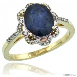 10k Yellow Gold Diamond Halo Blue Sapphire Ring 1.65 Carat Oval Shape 9X7 mm, 7/16 in (11mm) wide