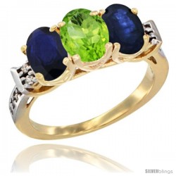 10K Yellow Gold Natural Peridot & Blue Sapphire Sides Ring 3-Stone Oval 7x5 mm Diamond Accent