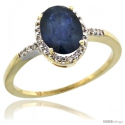 10k Yellow Gold Diamond Blue Sapphire Ring 1.17 ct Oval Stone 8x6 mm, 3/8 in wide