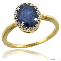 10k Yellow Gold Diamond Halo Blue Sapphire Ring 1.2 ct Oval Stone 8x6 mm, 1/2 in wide