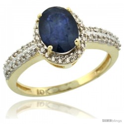 10k Yellow Gold Diamond Halo Blue Sapphire Ring 1.2 ct Oval Stone 8x6 mm, 3/8 in wide