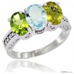 10K White Gold Natural Peridot, Aquamarine & Lemon Quartz Ring 3-Stone Oval 7x5 mm Diamond Accent