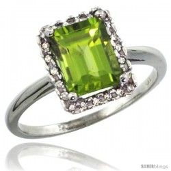 10k White Gold Diamond Peridot Ring 1.6 ct Emerald Shape 8x6 mm, 1/2 in wide