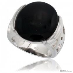 Sterling Silver Ladies' Ring w/ a Round-shaped Jet Stone and Floral Pattern, 11/16" (18 mm) wide