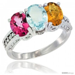 10K White Gold Natural Pink Topaz, Aquamarine & Whisky Quartz Ring 3-Stone Oval 7x5 mm Diamond Accent