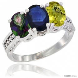 14K White Gold Natural Mystic Topaz, Blue Sapphire & Lemon Quartz Ring 3-Stone 7x5 mm Oval Diamond Accent