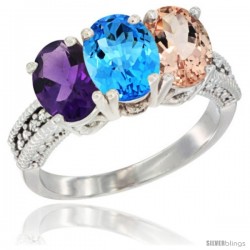 14K White Gold Natural Amethyst, Swiss Blue Topaz & Morganite Ring 3-Stone 7x5 mm Oval Diamond Accent