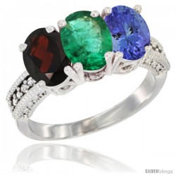 14K White Gold Natural Garnet, Emerald & Tanzanite Ring 3-Stone 7x5 mm Oval Diamond Accent