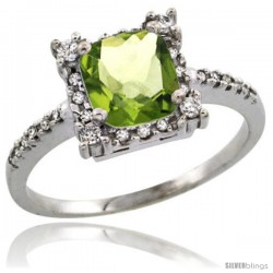 10k White Gold Diamond Halo Peridot Ring 1.2 ct Checkerboard Cut Cushion 6 mm, 11/32 in wide