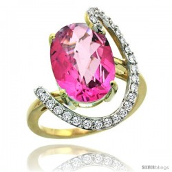 14k Gold Natural Pink Topaz Ring Oval 14x10 Diamond Accent, 3/4inch wide