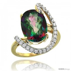 14k Gold Natural Mystic Topaz Ring Oval 14x10 Diamond Accent, 3/4inch wide