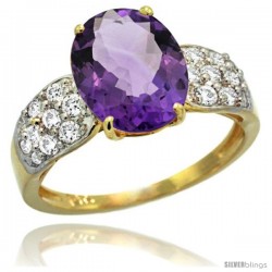 14k Gold Natural Amethyst Ring 10x8 mm Oval Shape Diamond Accent, 3/8inch wide