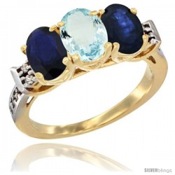 10K Yellow Gold Natural Aquamarine & Blue Sapphire Sides Ring 3-Stone Oval 7x5 mm Diamond Accent