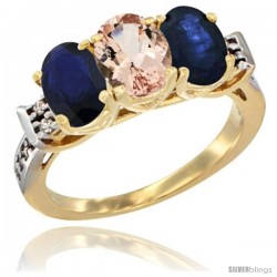 10K Yellow Gold Natural Morganite & Blue Sapphire Sides Ring 3-Stone Oval 7x5 mm Diamond Accent