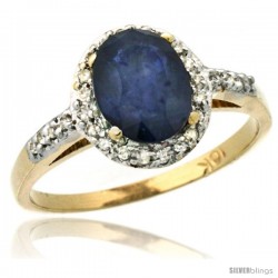 10k Yellow Gold Diamond Blue Sapphire Ring Oval Stone 8x6 mm 1.17 ct 3/8 in wide