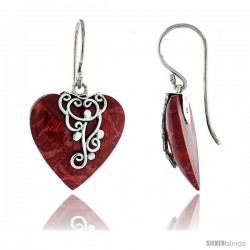 Sterling Silver Heart Natural Red Coral Earrings 13/16" (21 mm)