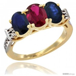 10K Yellow Gold Natural Ruby & Blue Sapphire Sides Ring 3-Stone Oval 7x5 mm Diamond Accent