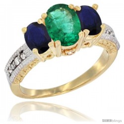 10K Yellow Gold Ladies Oval Natural Emerald 3-Stone Ring with Blue Sapphire Sides Diamond Accent