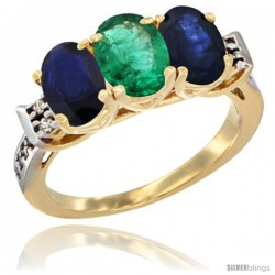 10K Yellow Gold Natural Emerald & Blue Sapphire Sides Ring 3-Stone Oval 7x5 mm Diamond Accent