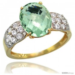 14k Gold Natural Green Amethyst Ring 10x8 mm Oval Shape Diamond Accent, 3/8inch wide