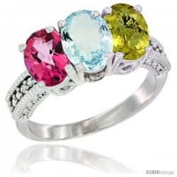 10K White Gold Natural Pink Topaz, Aquamarine & Lemon Quartz Ring 3-Stone Oval 7x5 mm Diamond Accent