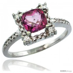 10k White Gold Diamond Halo Pink Topaz Ring 1.2 ct Checkerboard Cut Cushion 6 mm, 11/32 in wide