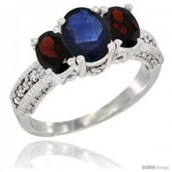 14k White Gold Ladies Oval Natural Blue Sapphire 3-Stone Ring with Garnet Sides Diamond Accent