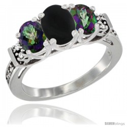 14K White Gold Natural Black Onyx & Mystic Topaz Ring 3-Stone Oval with Diamond Accent