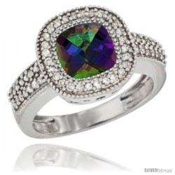 14k White Gold Ladies Natural Mystic Topaz Ring Cushion-cut 3.5 ct. 7x7 Stone Diamond Accent