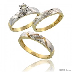 Gold Plated Sterling Silver Diamond Trio Wedding Ring Set His 4.5mm & Hers 4mm