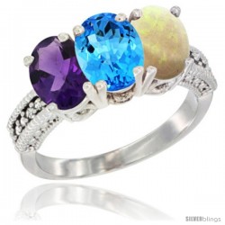 14K White Gold Natural Amethyst, Swiss Blue Topaz & Opal Ring 3-Stone 7x5 mm Oval Diamond Accent