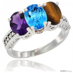 14K White Gold Natural Amethyst, Swiss Blue Topaz & Tiger Eye Ring 3-Stone 7x5 mm Oval Diamond Accent