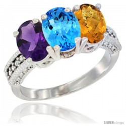 14K White Gold Natural Amethyst, Swiss Blue Topaz & Whisky Quartz Ring 3-Stone 7x5 mm Oval Diamond Accent