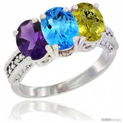 14K White Gold Natural Amethyst, Swiss Blue Topaz & Lemon Quartz Ring 3-Stone 7x5 mm Oval Diamond Accent