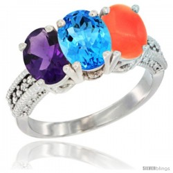 14K White Gold Natural Amethyst, Swiss Blue Topaz & Coral Ring 3-Stone 7x5 mm Oval Diamond Accent