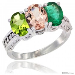 10K White Gold Natural Peridot, Morganite & Emerald Ring 3-Stone Oval 7x5 mm Diamond Accent