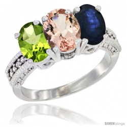 10K White Gold Natural Peridot, Morganite & Blue Sapphire Ring 3-Stone Oval 7x5 mm Diamond Accent