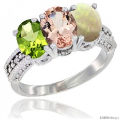 10K White Gold Natural Peridot, Morganite & Opal Ring 3-Stone Oval 7x5 mm Diamond Accent